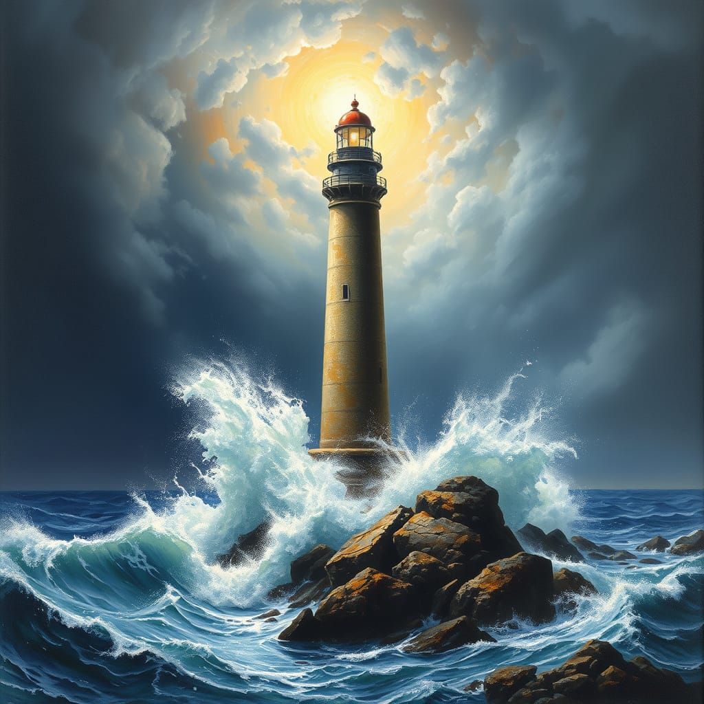 Stormy Seascape with Towering Lighthouse in Dramatic Lightin...