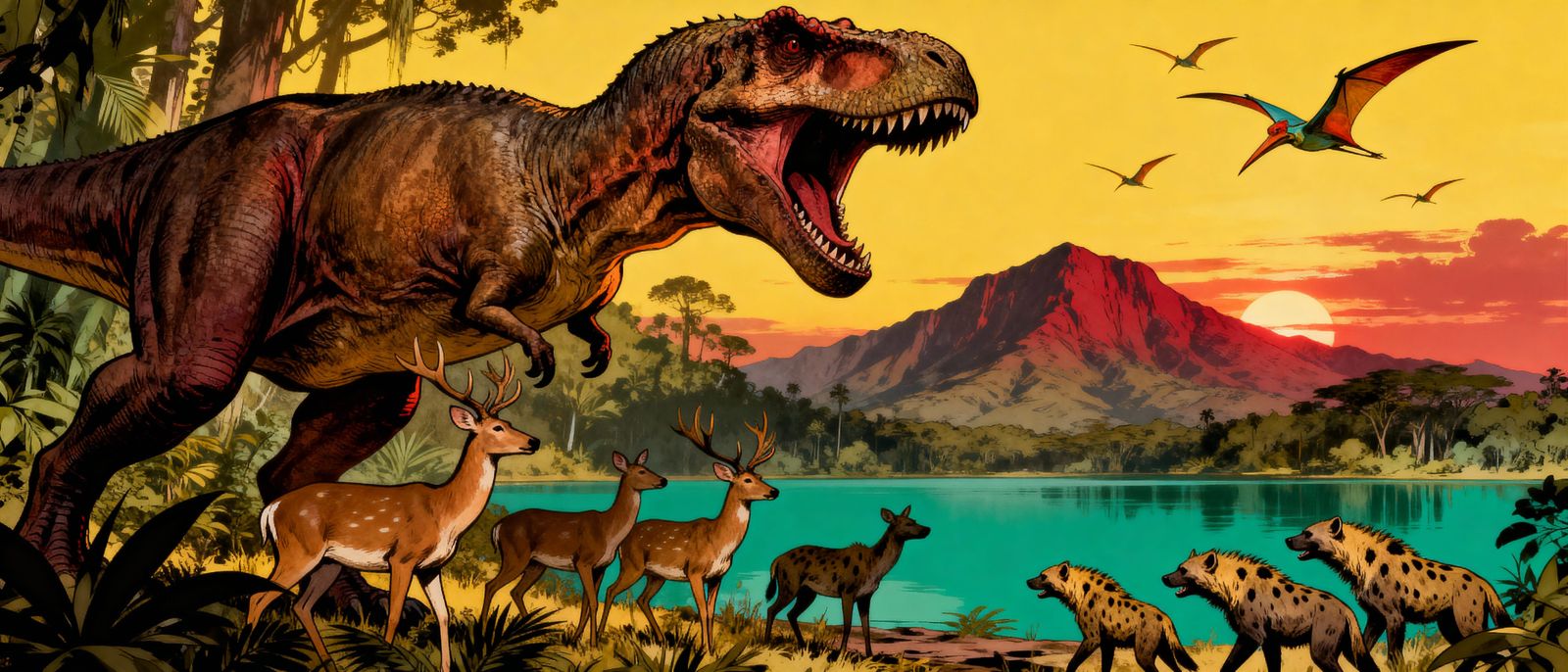 T-Rex Roars by Mountain Lake with Wildlife and Pterosaurs