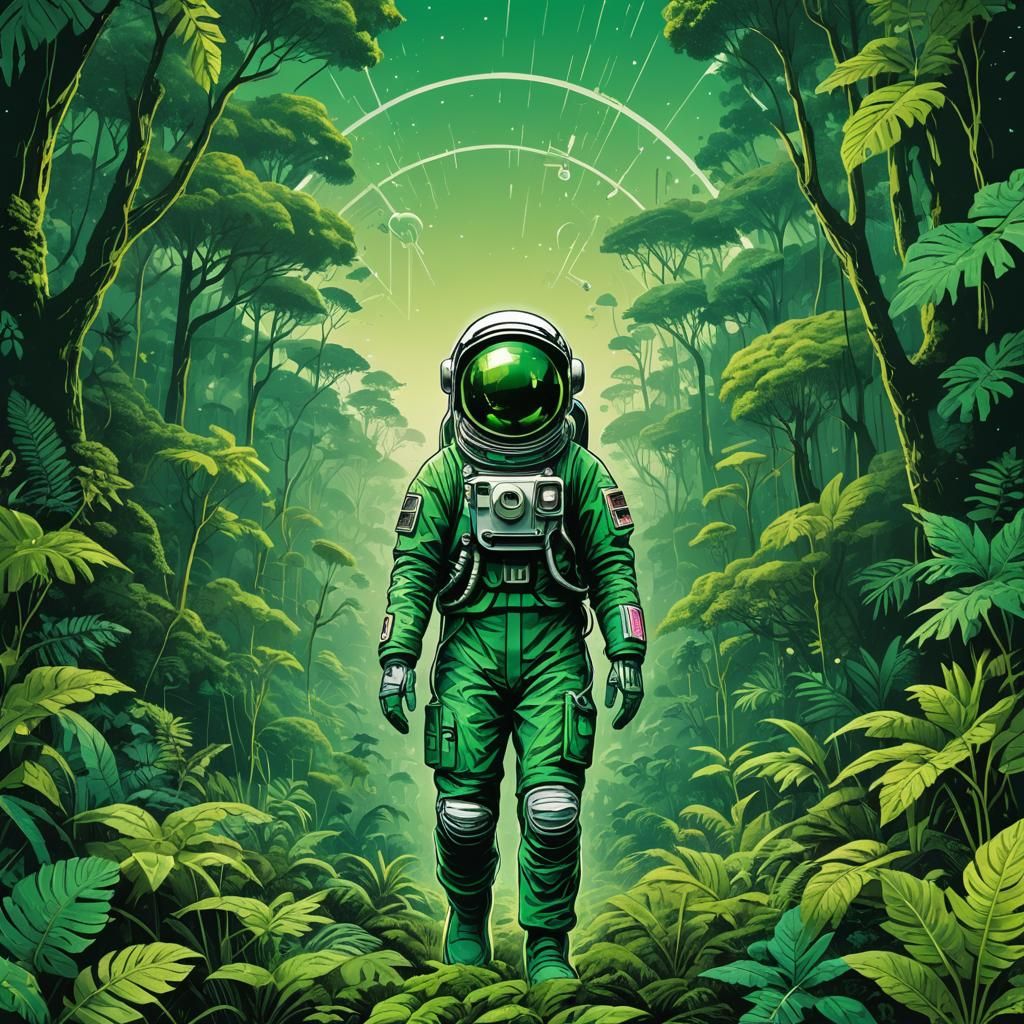Green Rainforest Landscape with Astronaut in Pop Art Style