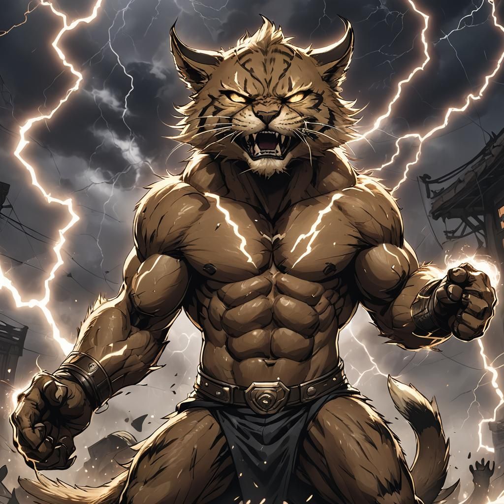 Buff shirtless tabaxi covered in lightning with angry eyes a...