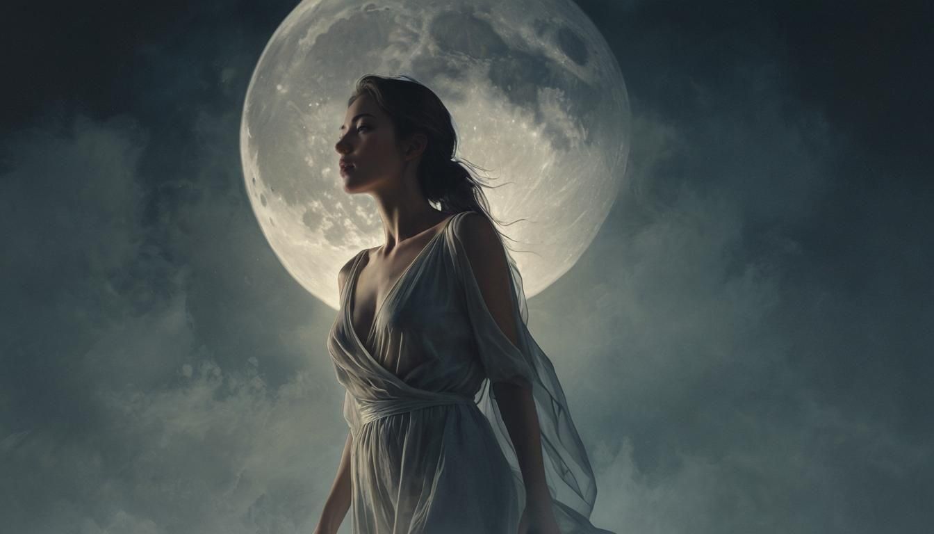 Ethereal Woman in Lettuce Dress Under Moonlight