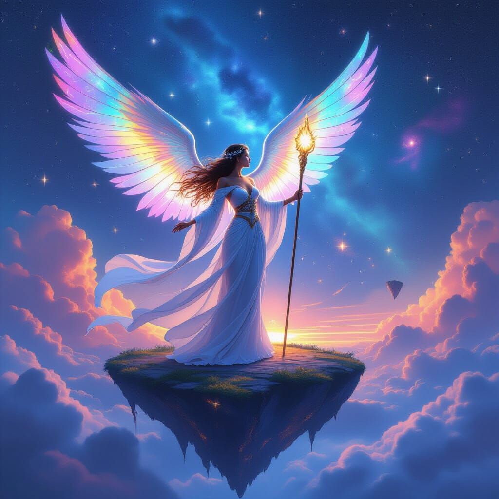 Celestial Goddess on Floating Island in Nebula