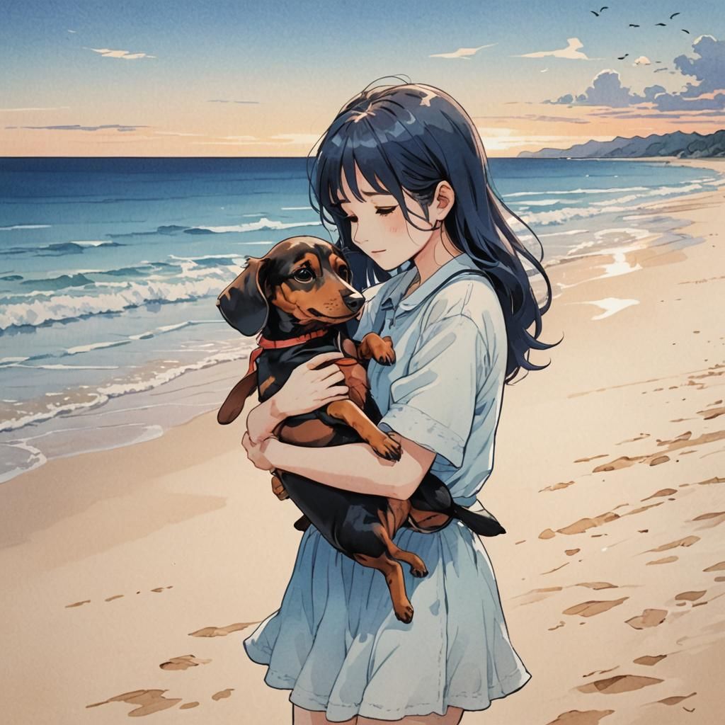 Girl Hugging Dog on Beach in Manga Style
