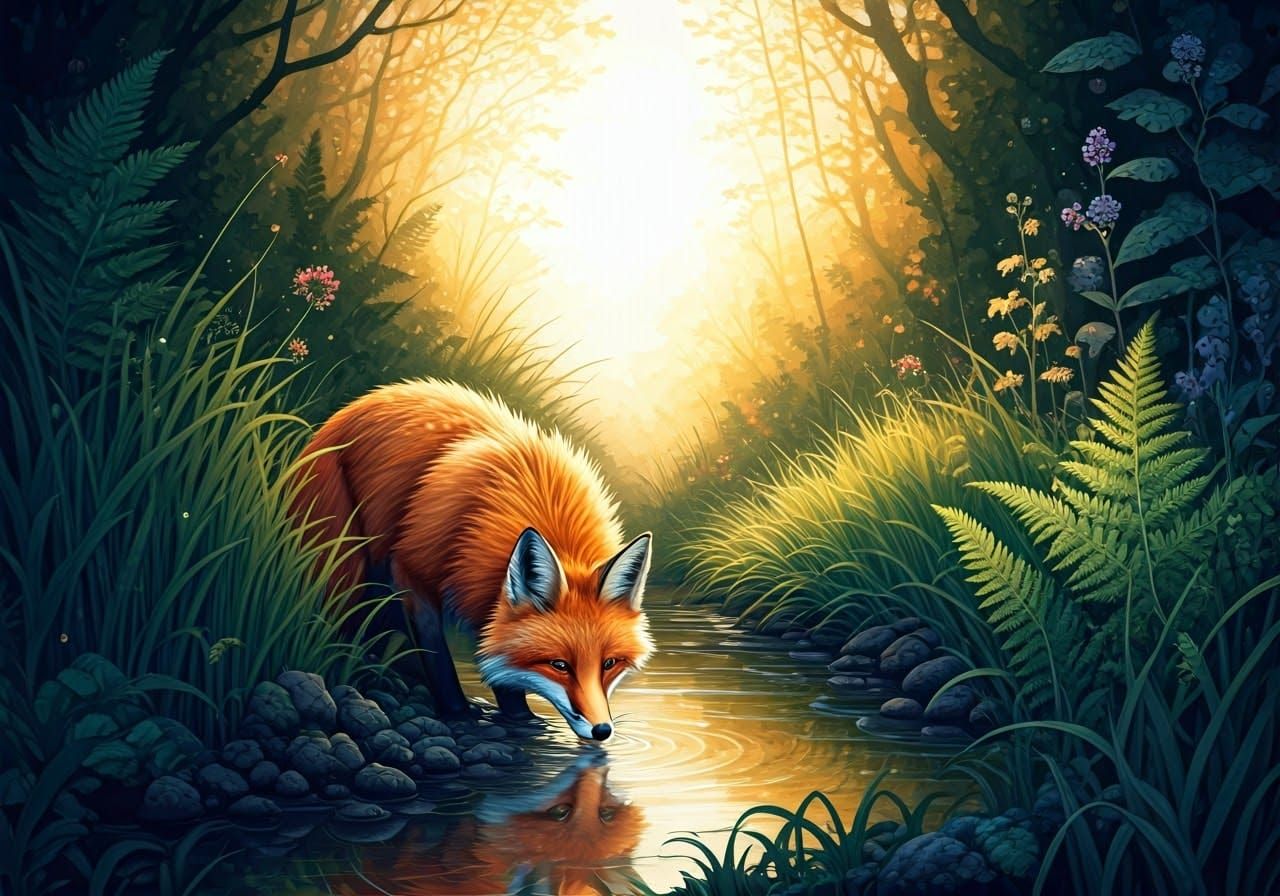 Fluffy Fox Drinking: Watercolor and Ink Illustration