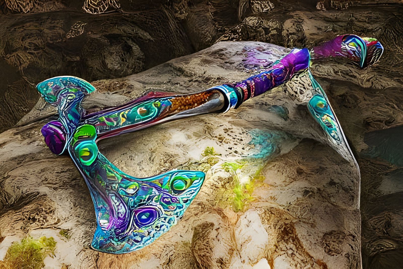Mystic Jeweled Battleaxe with Bioluminescent Aura