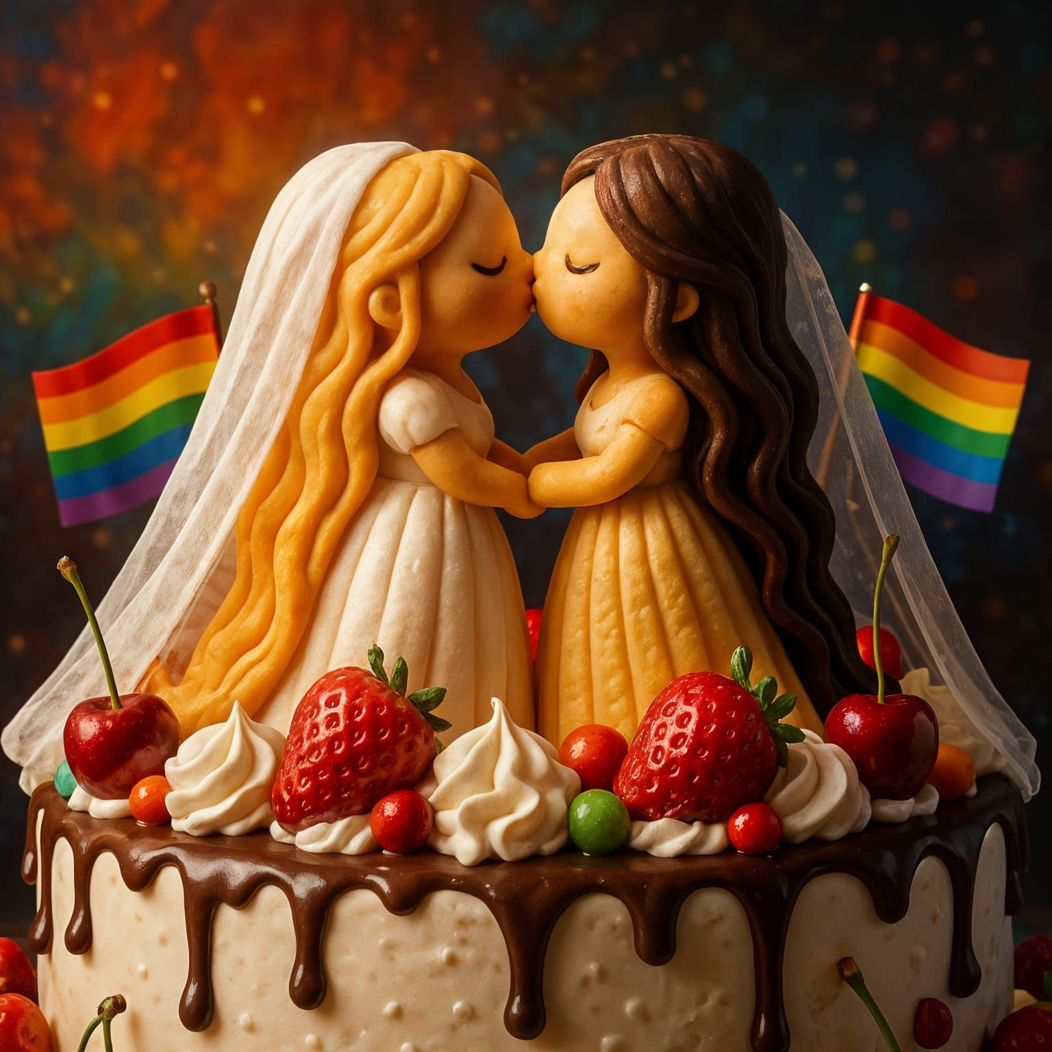 Pastry Wedding Cake Topper with Rainbow Flags