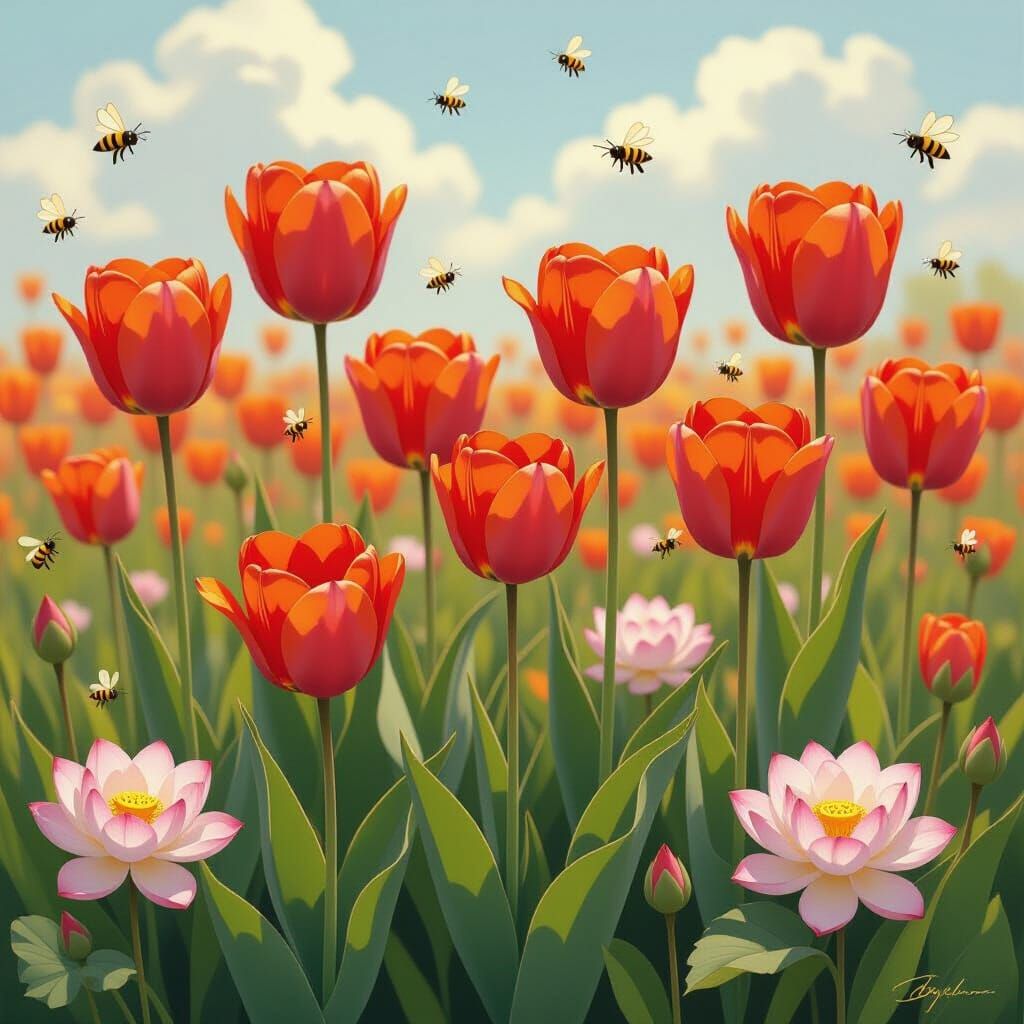 Orange Tulips with Bees and Lotus Flowers