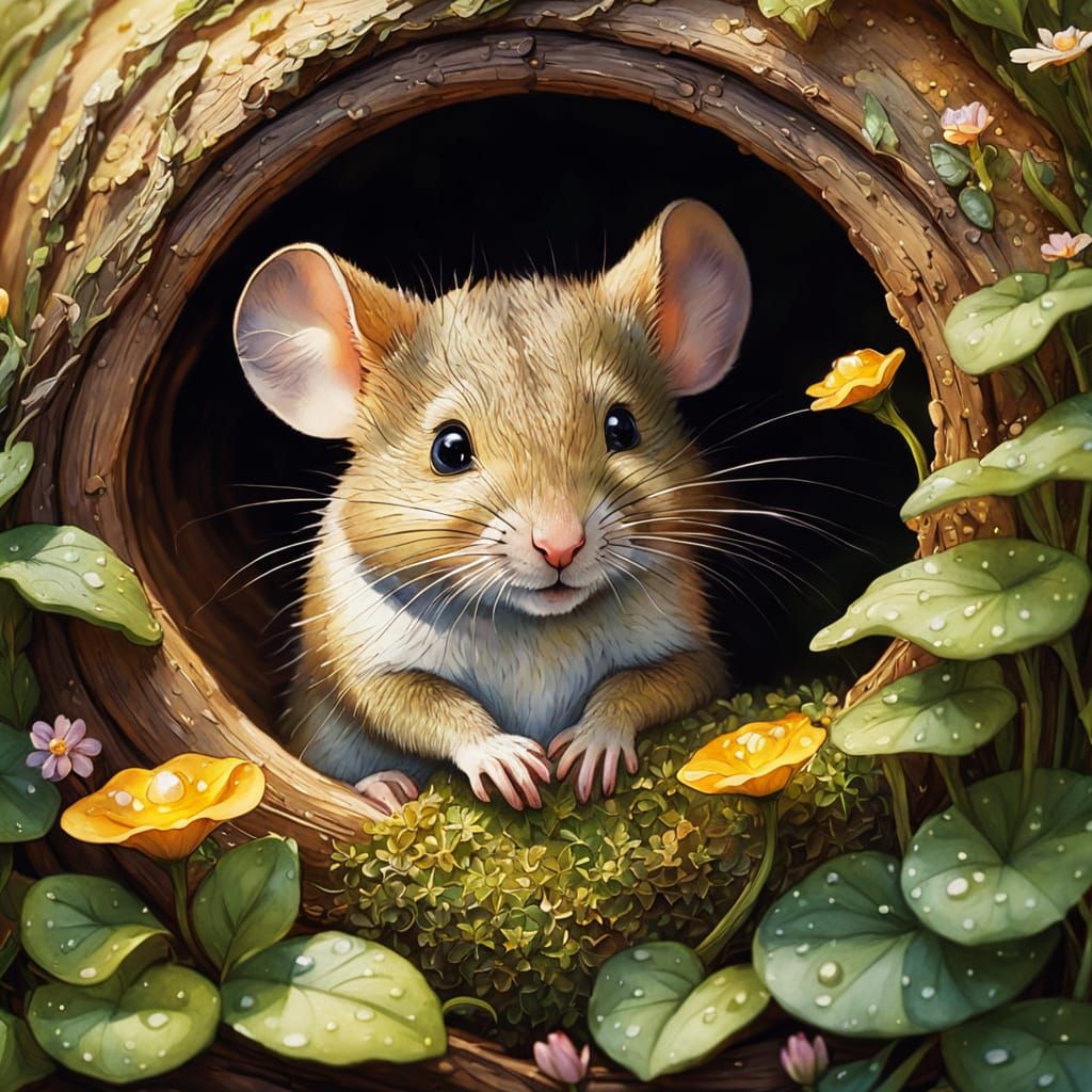 Shy Mouse in Hobbit Hole: Watercolor Art