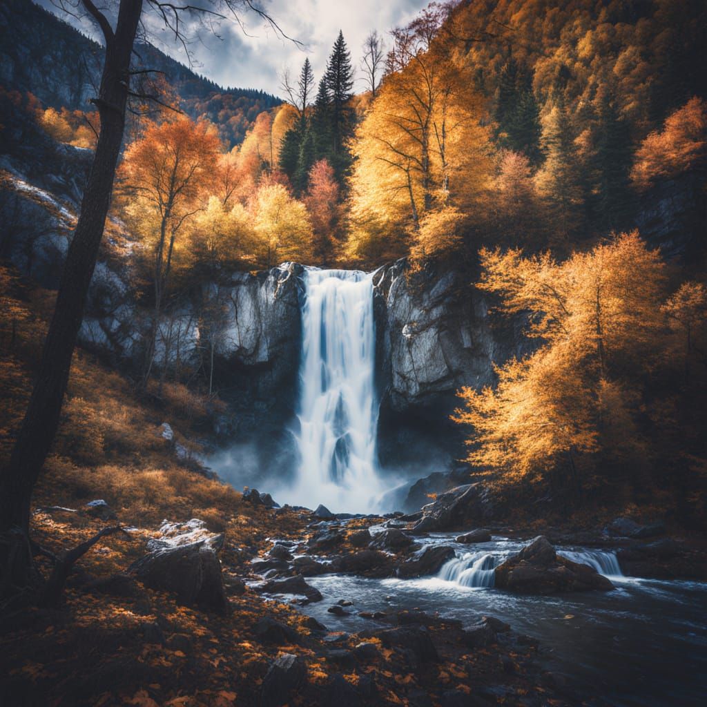 a waterfall in the mountains during autumn 38