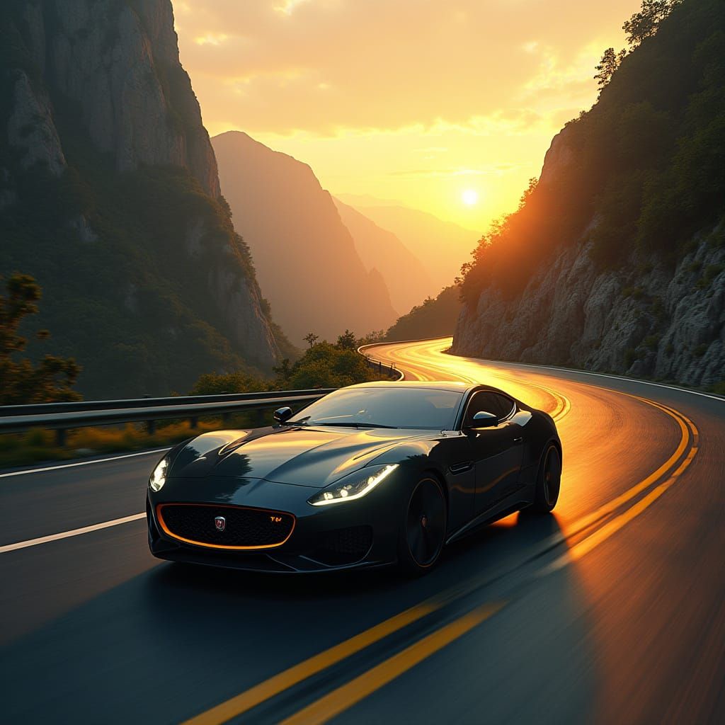 Futuristic Jaguar Car Speeds Down Winding Mountain Road at S...