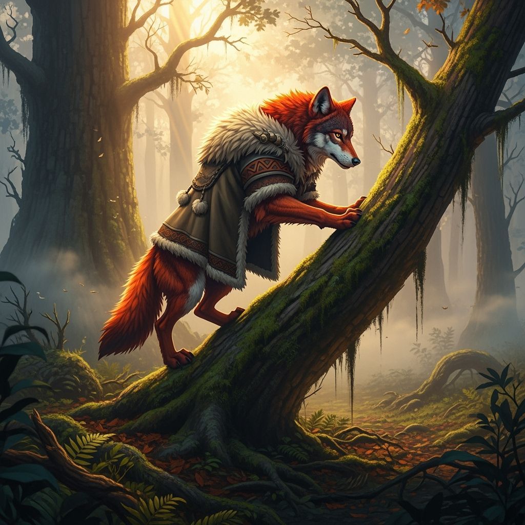 Red Wolf Ascending Tree in Misty Dawn