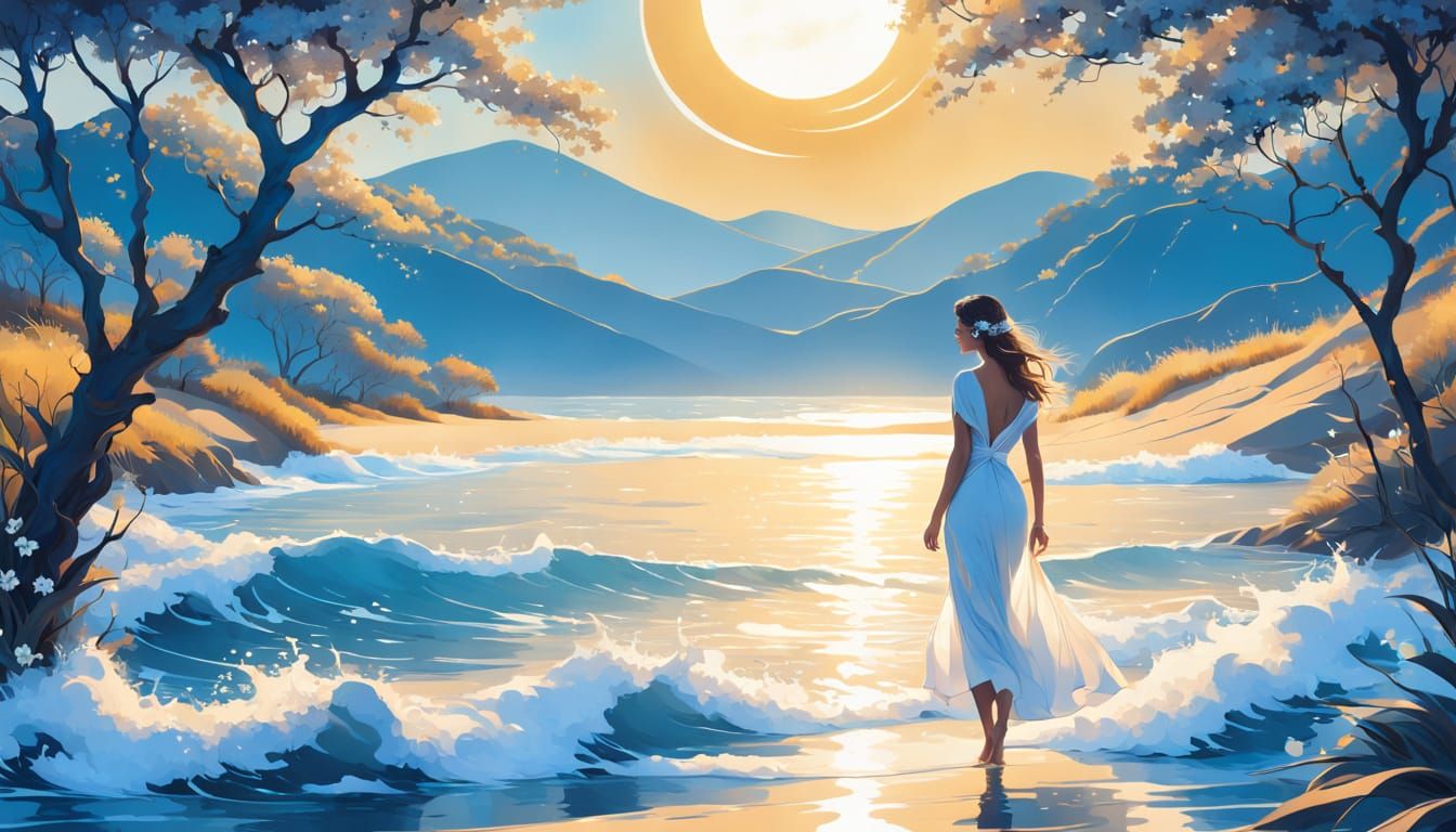 Surreal Art Deco Woman Strolls the Shore in a Dreamy Landsca...