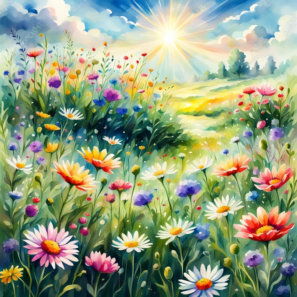 Watercolor Flower Meadow in Divine Light