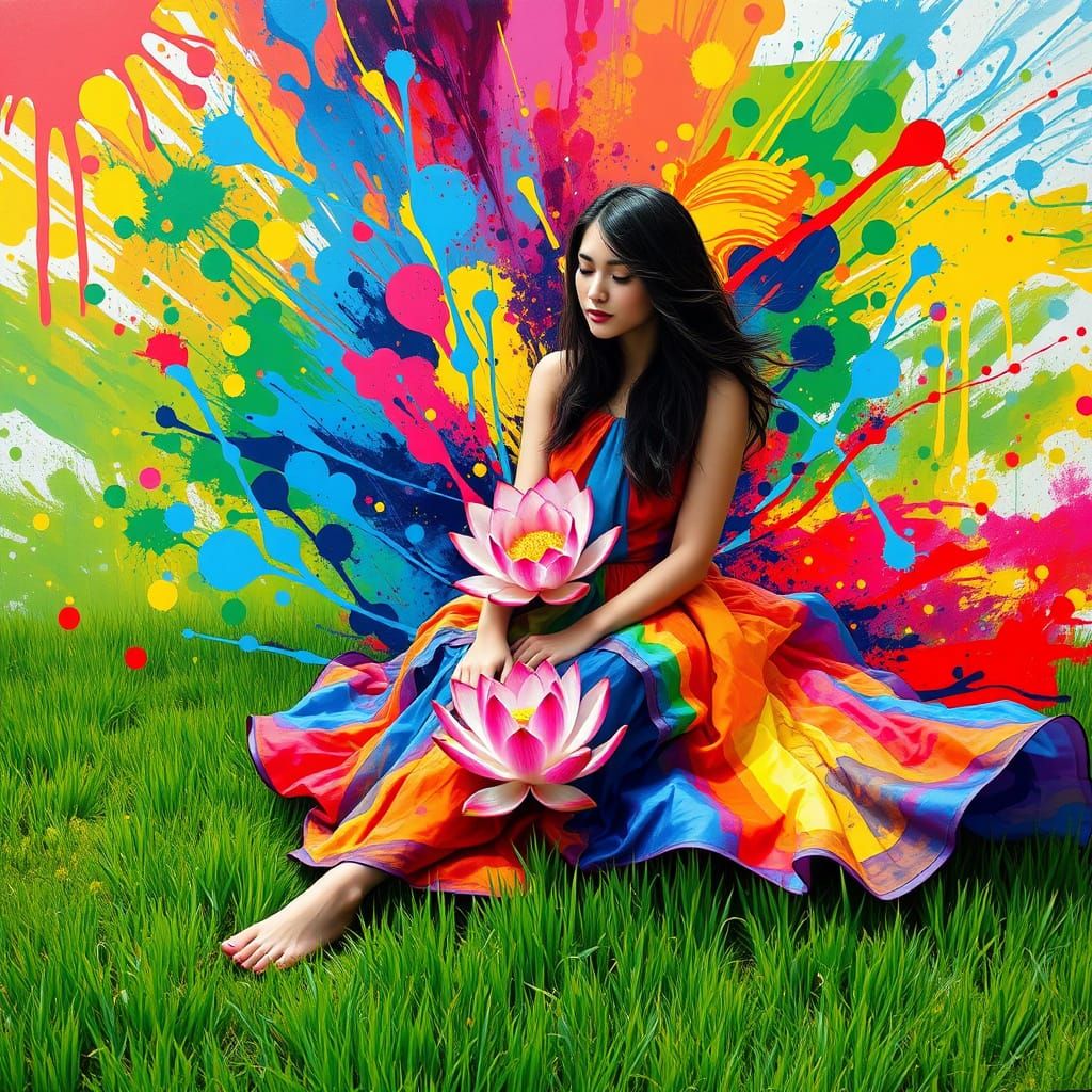 Vibrant Lotus Goddess in Splashed Colourful Bliss