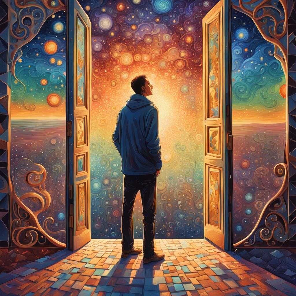 Man Gazing at Stars Through Cubist Doorway