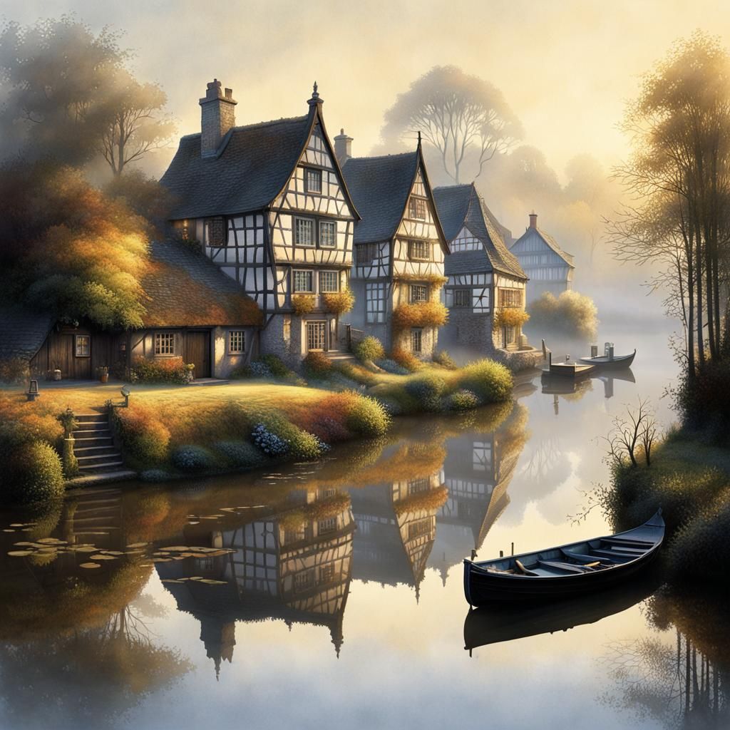 Half-Timbered Houses on Misty Lake: Dark Fantasy Concept Art