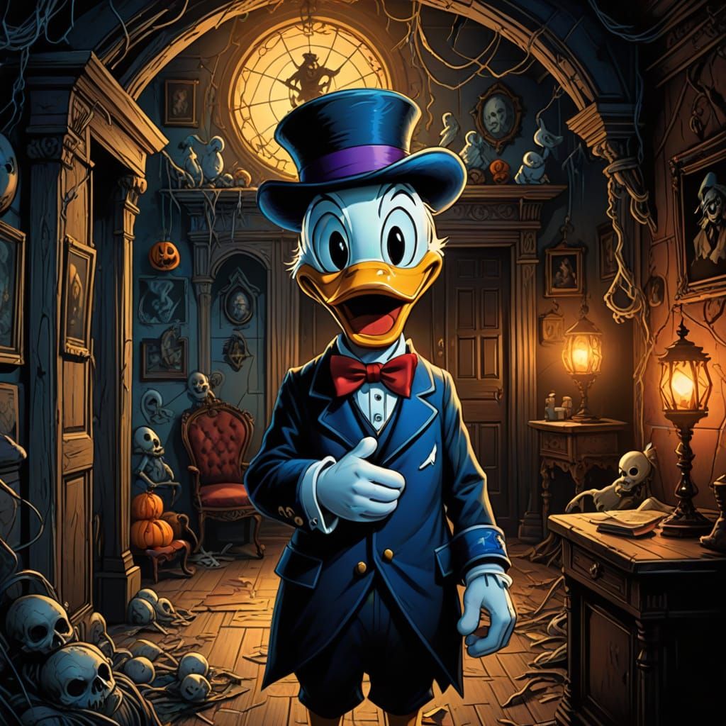Donald Duck in a Haunted Mansion Comic Book Style