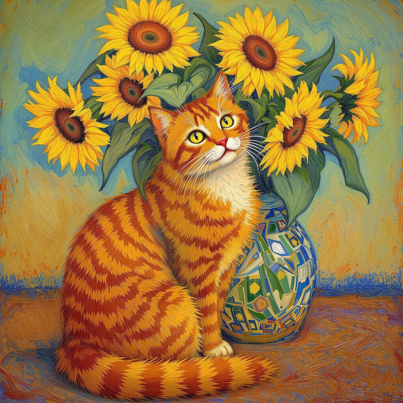 Ginger Cat in Sunflower Still Life, Impasto Post-Impressioni...