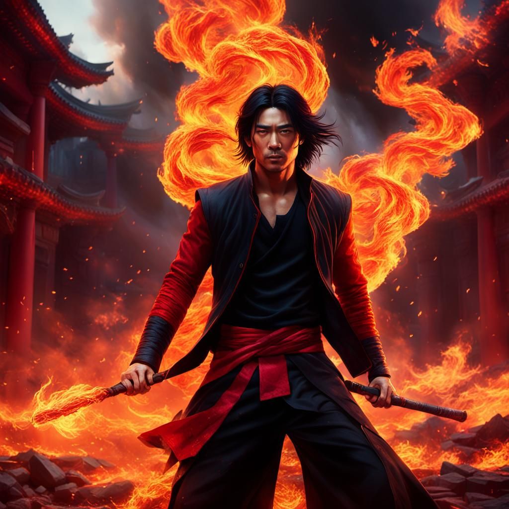 Fiery Asian Man: Cinematic Digital Matte Painting