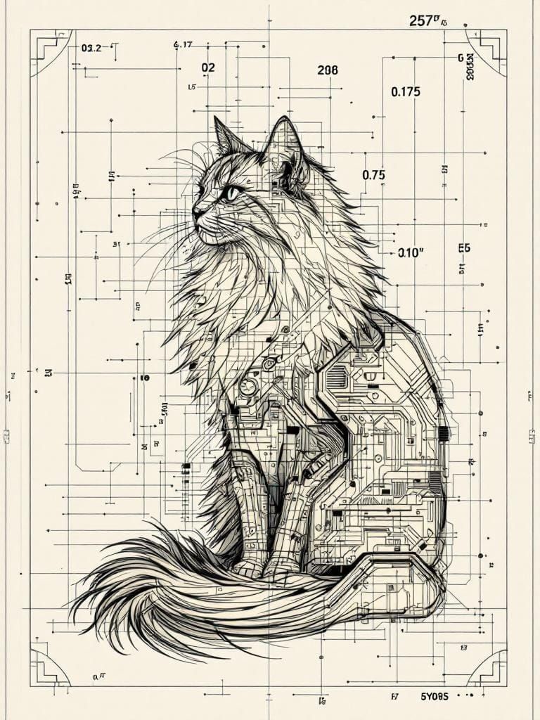 Elegant Cat Blueprint: Da Vinci Meets Sci-Fi