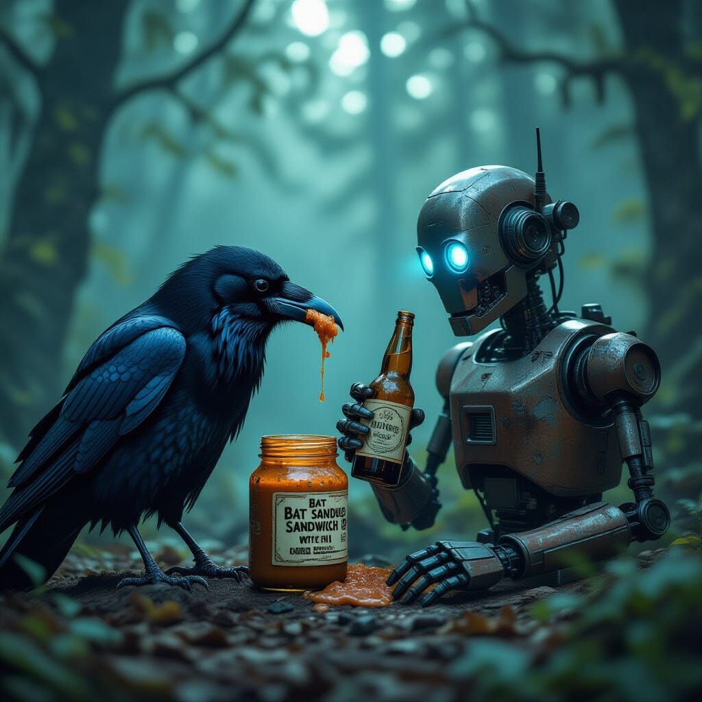Raven and Robot Feast in Dark Industrial Style
