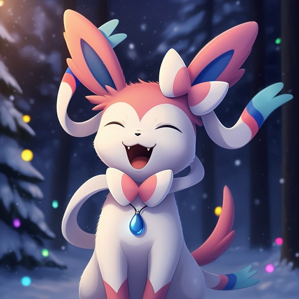 Adorable Sylveon in a Snowy Anime Forest