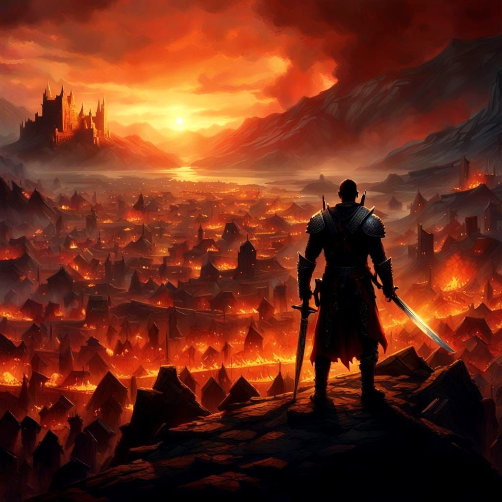 Burning Orc Village: Lone Fighter at Sunset