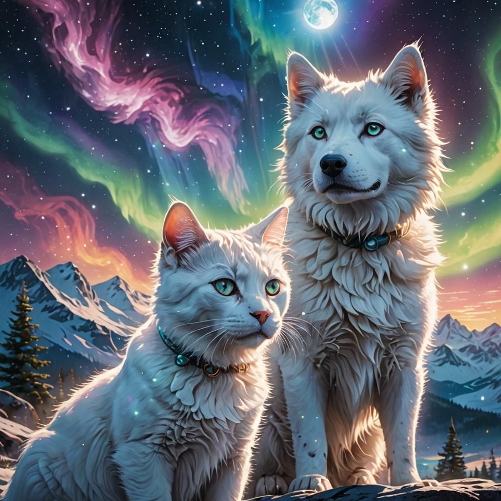White Cat and Dog Under Northern Lights