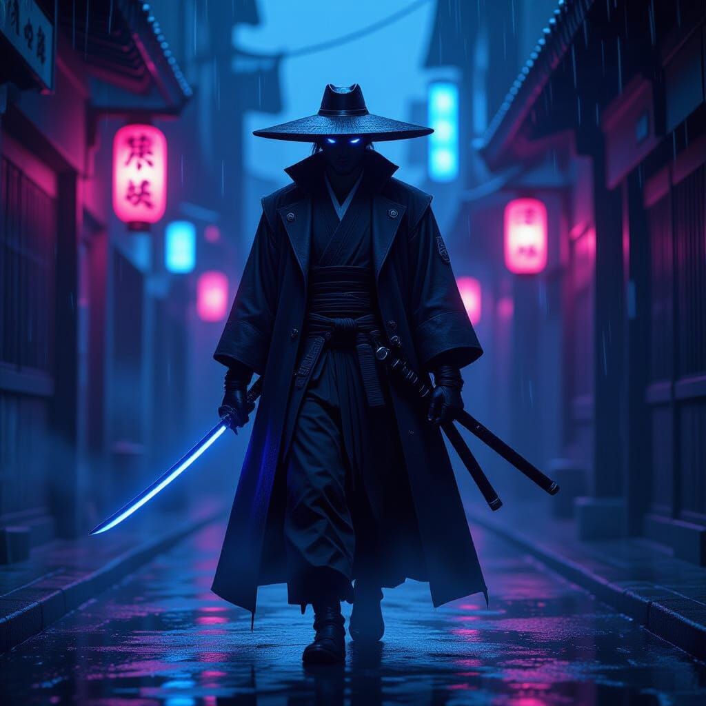Samurai Noir Hologram Projection in Futuristic Style