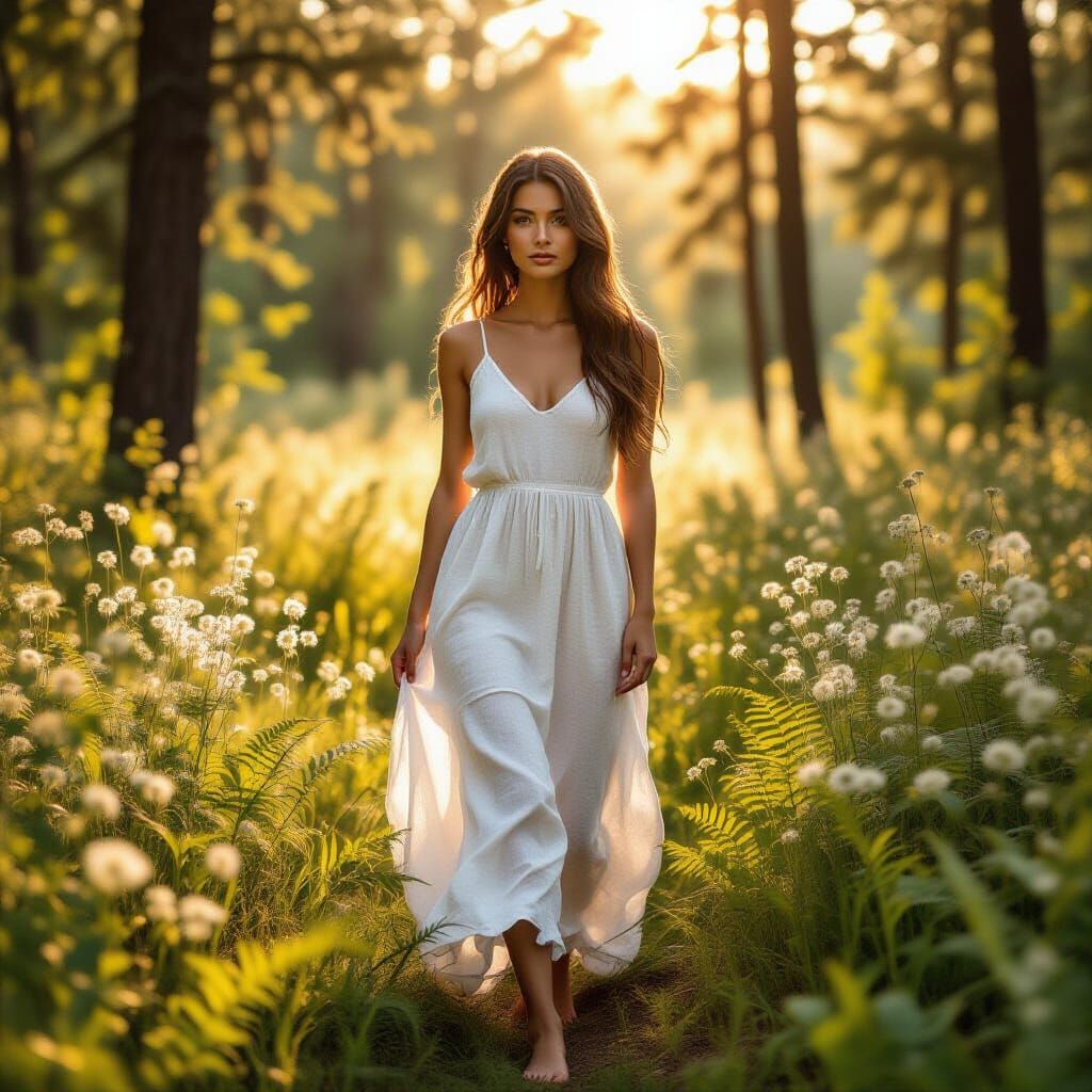 Woman in Sunlit Forest Clearing: Hyperrealistic Portrait