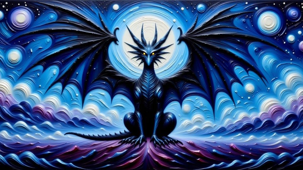 Blue Dragon in Impasto Style Over Landscape