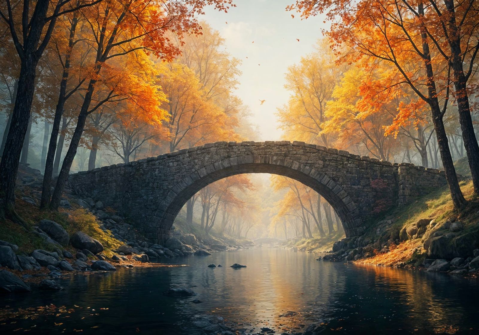 Misty Autumnal Forest Bridge in Matte Painting Style