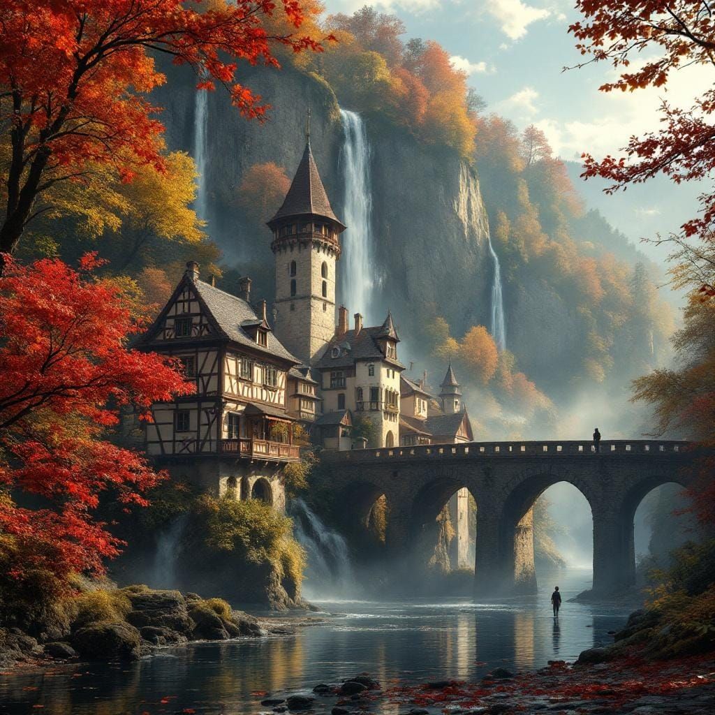 Autumn Waterfall in Medieval Village Photography