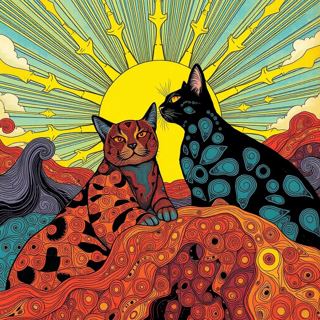 Vibrant Pseudo-Cats in Modern European Ink Painting Style