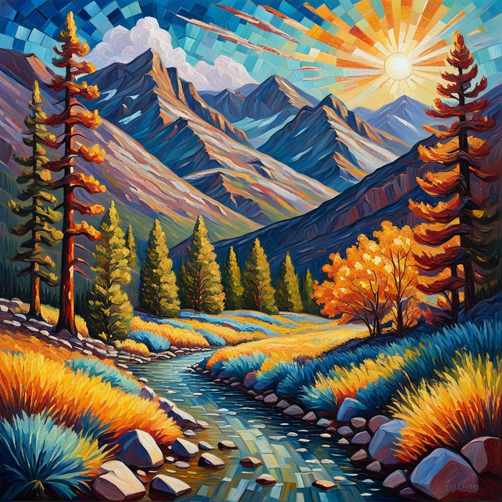 Nevada Sierra Mountain Sun in Expressionist Oil