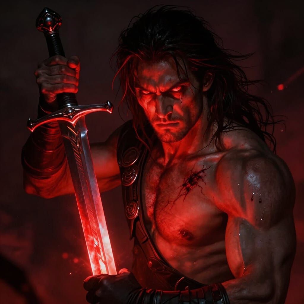 Brave Warrior with Glowing Red Sword in Dark Fantasy Style