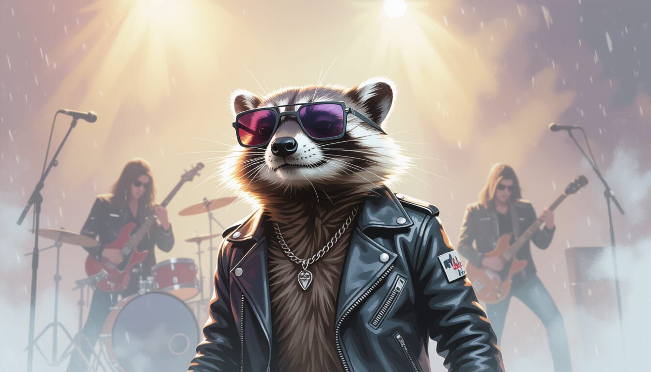 Meerkat Headbanging on Foggy Stage in Vibrant Brushstrokes