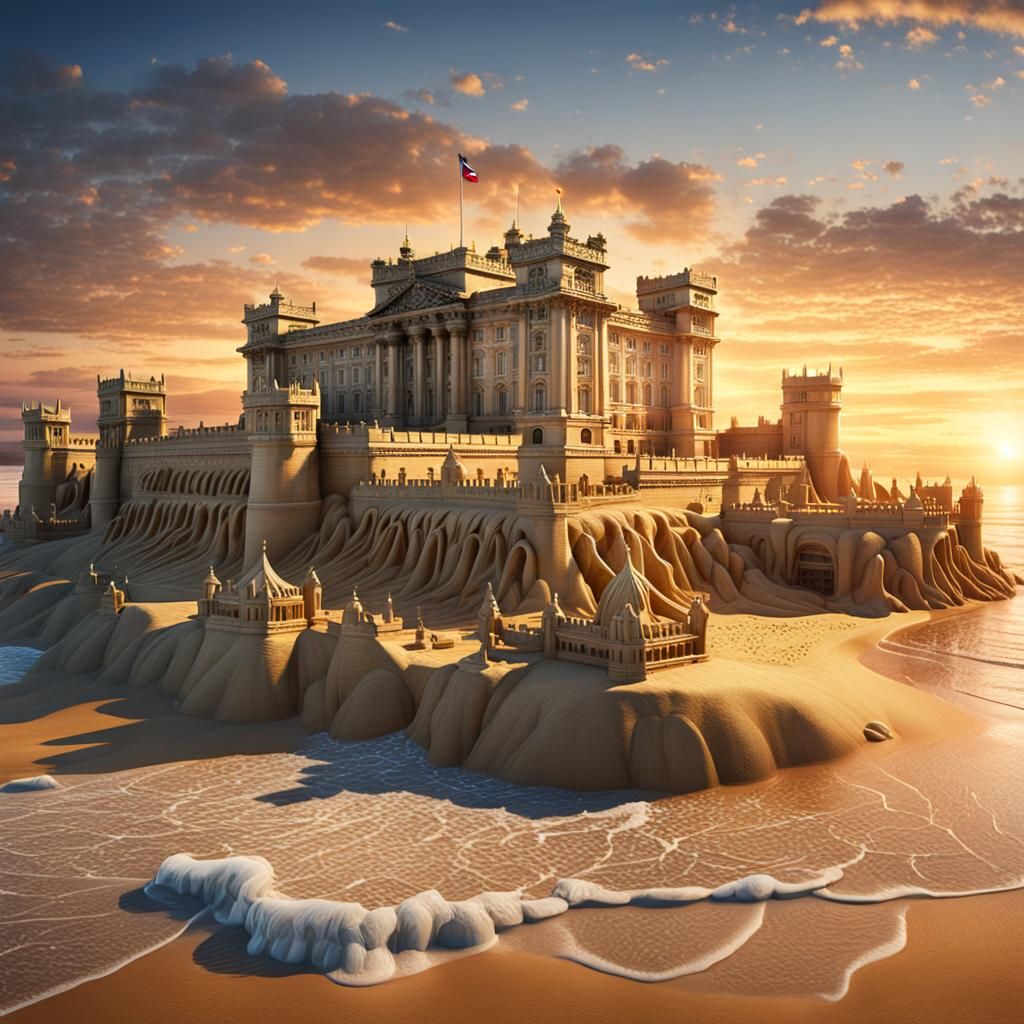 Buckingham Palace Sandcastle at Sunset: Fantasy Art