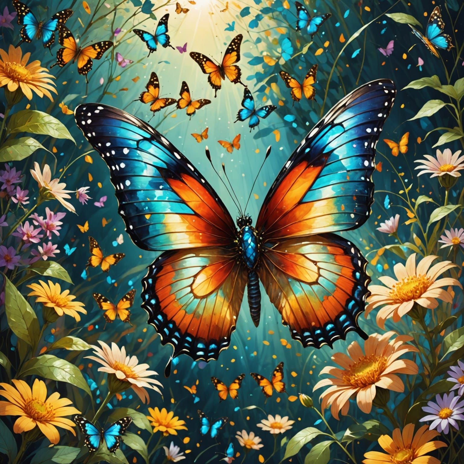 Iridescent Butterfly in a Vibrant Floral Scene