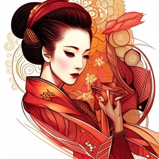 Detailed Geisha Digital Painting with Golden Outlines