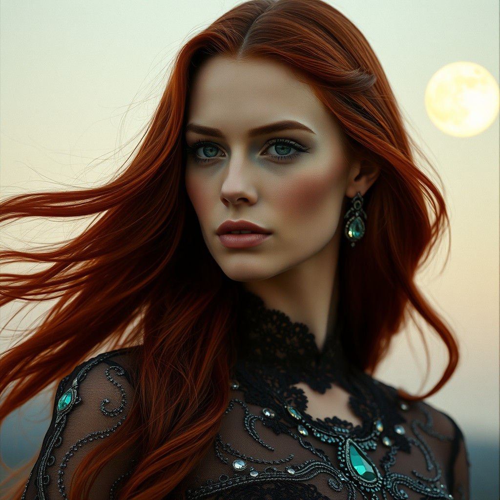 Crimson-Haired Woman in Haute Couture, Cinematic Style