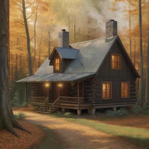 Autumn Cabin Landscape in Impressionist Oil Painting