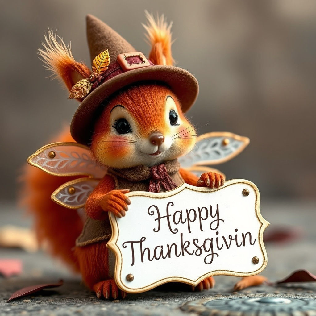 Thanksgiving Fairy Squirrel with Sign