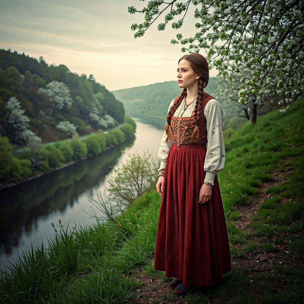 Woman on Riverbank Surrounded by Blooming Trees