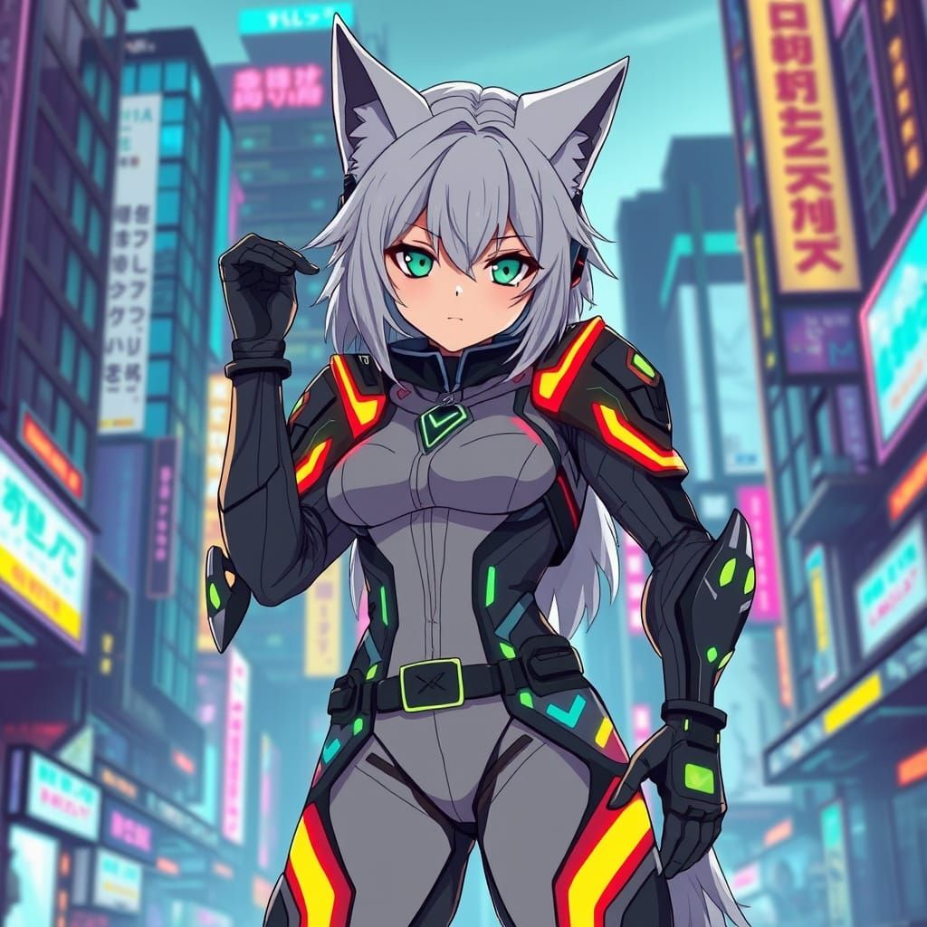 Cyberpunk Anime Catgirl in Neon Cityscape