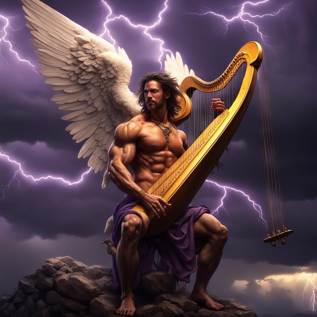 Angelic Harpist in Thunderstorm: Dark Fantasy Art