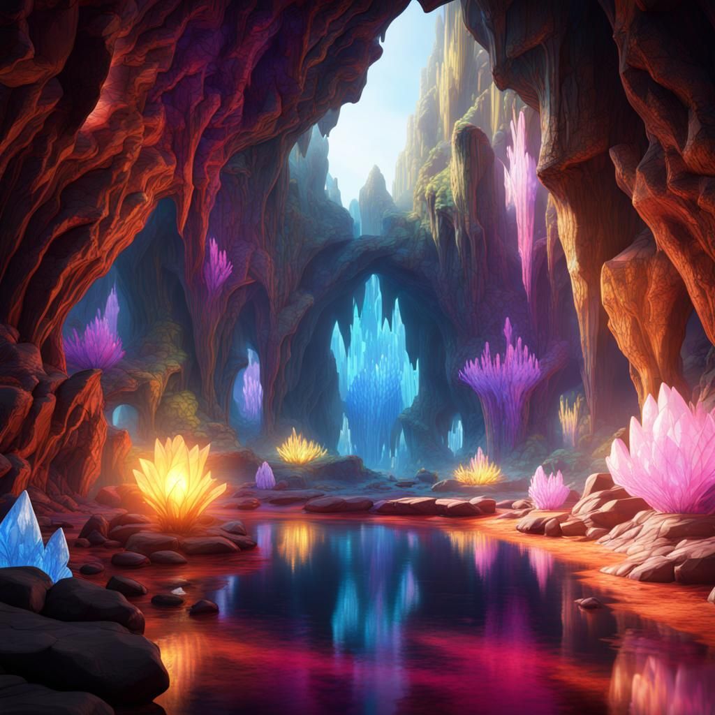 Crystal City in Colorful Cave: Fantasy Art