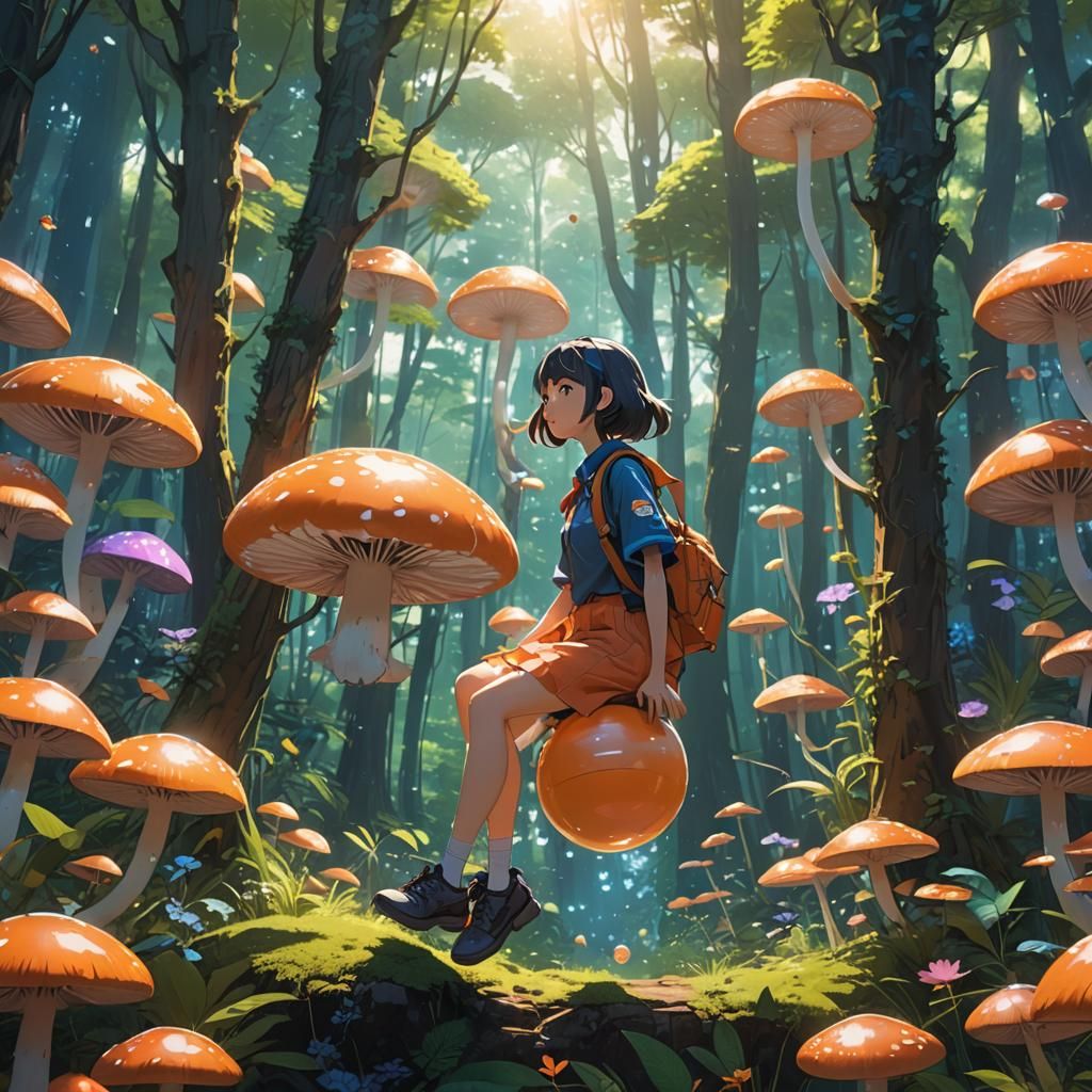 Anime Girl on Hopper Ball in Whimsical Forest