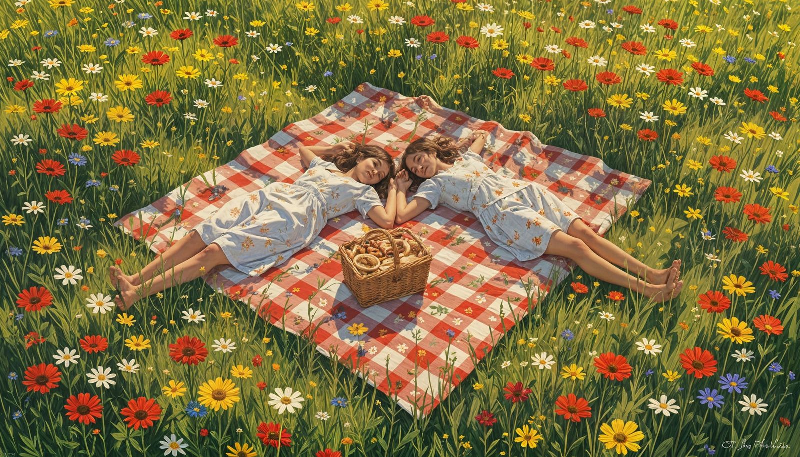 Overhead View of Picnic in Wildflower Field