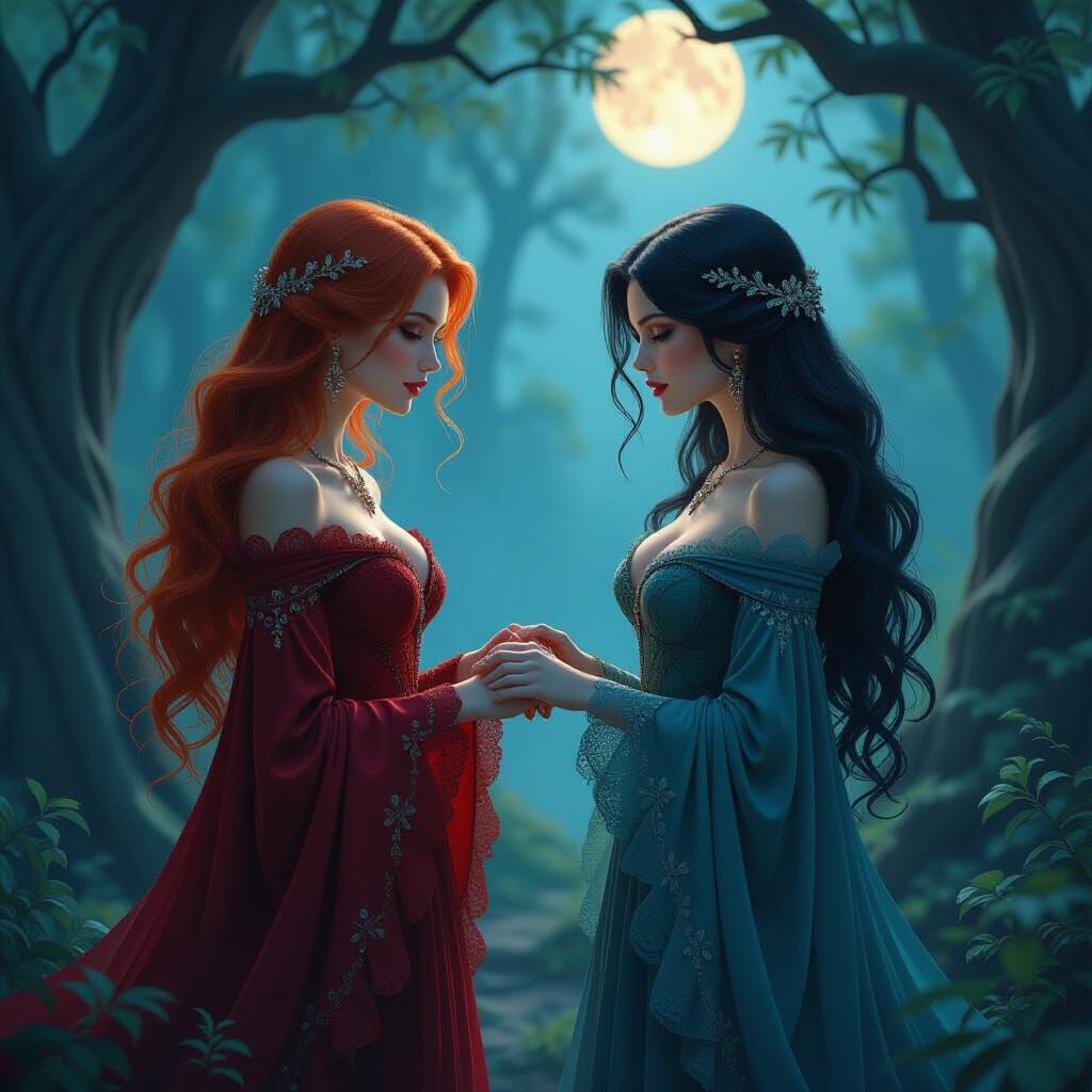 Sorceresses Meeting in Enchanted Forest, Fantasy Art